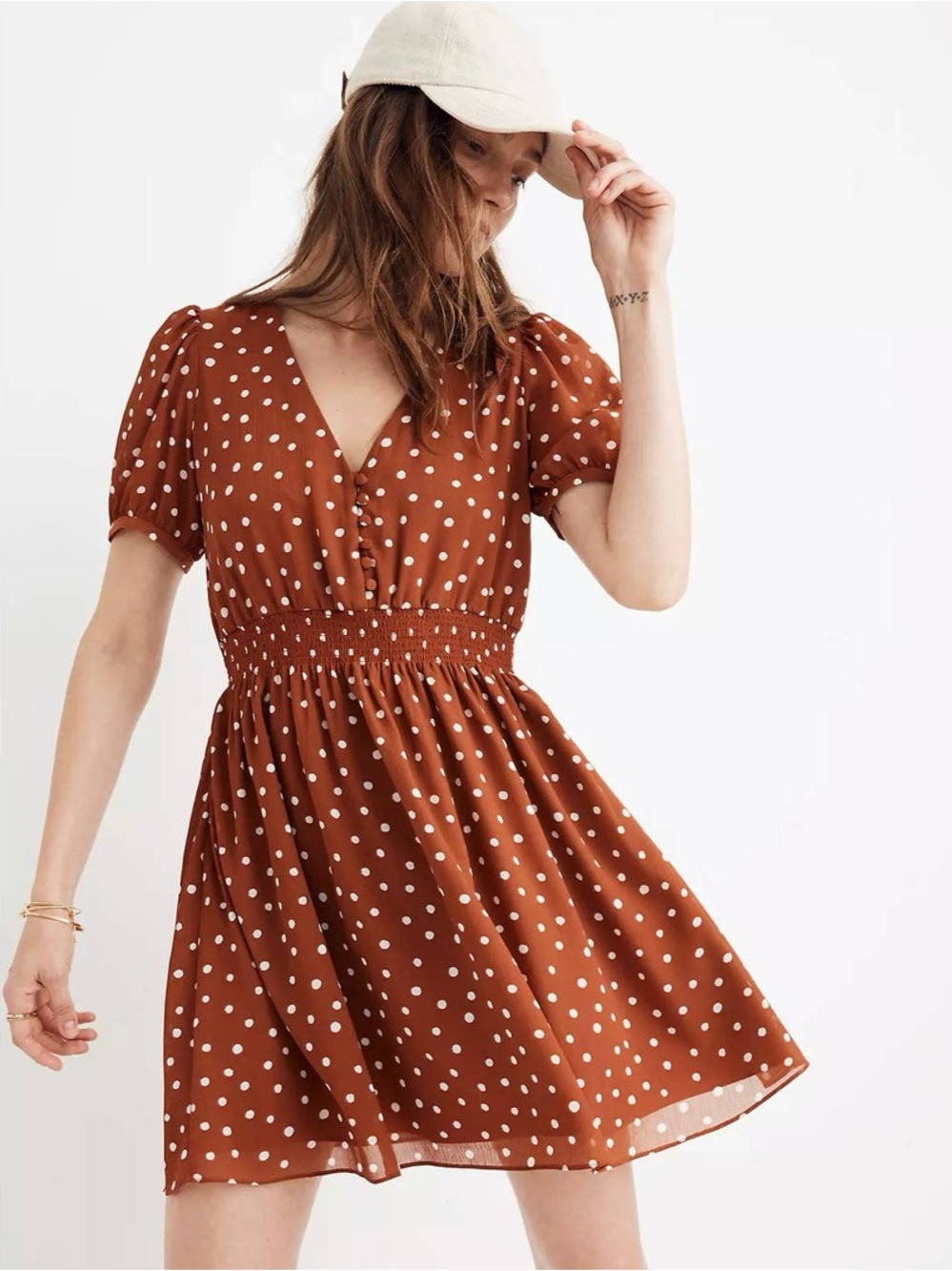 Madewell Rust Polka Dot V-Neck Mini Dress